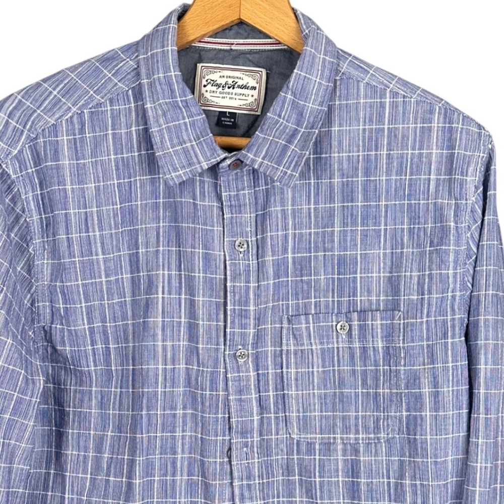 Flag & Anthem Mens Blue White Grid Slub Cotton Button Down Shirt SP21WS158V L